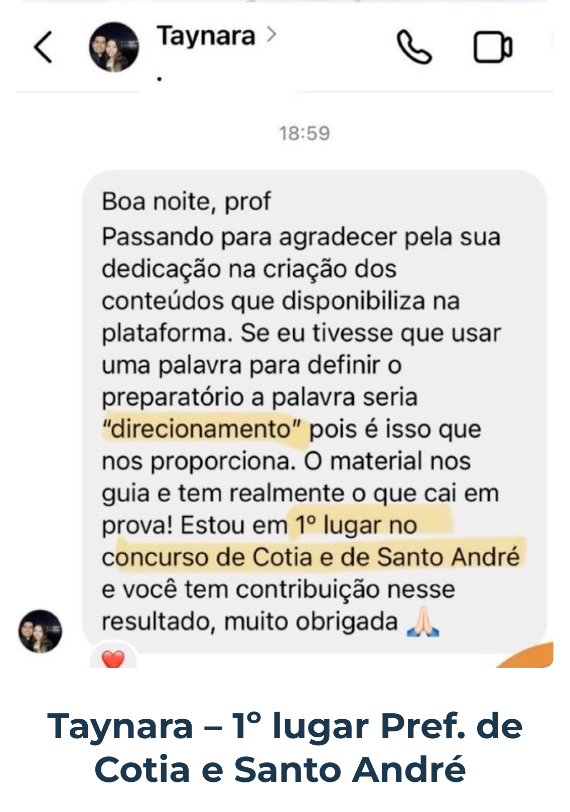 Depoimento de Taynara, 1º lugar Prefeitura de Cotia e Santo André