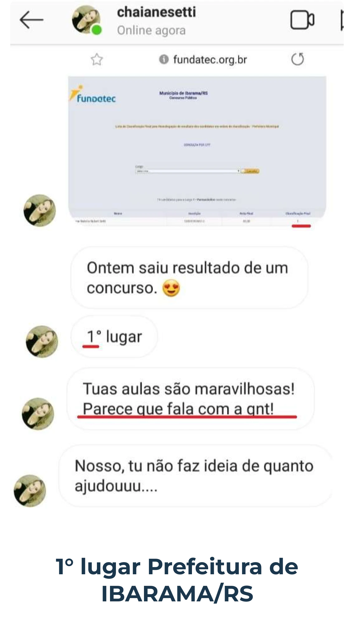 Depoimento de Chaiane Setti, 1º lugar Prefeitura de Ibarama/RS